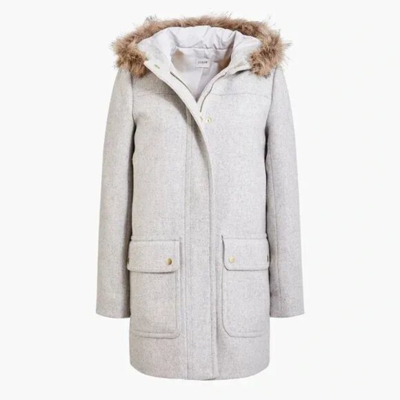 J. Crew Gray Wool Vail Fur Hooded Parka Coat Long Jacket Women Size 14 - Picture 3 of 11
